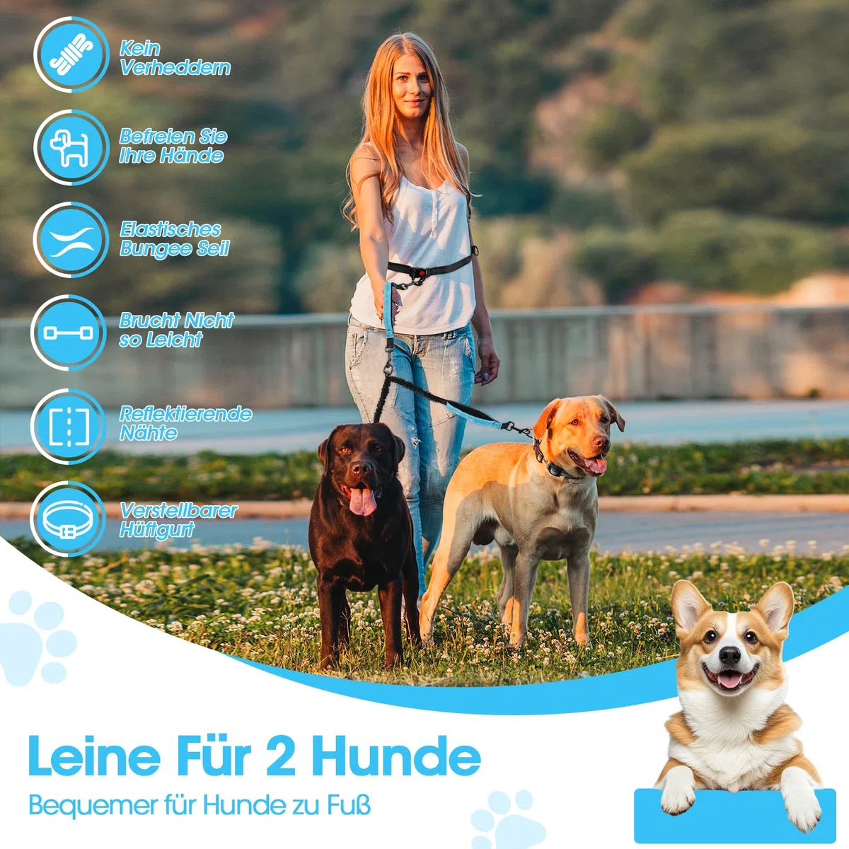 Guinzaglio per 2 cani, vivavoce, da jogging, per cani con cintura addominale, cintura elastica addominale, guinzaglio per cani, con doppio manico, per animali domestici di grandi e medie dimensioni