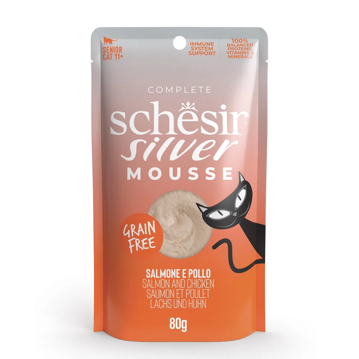 Schesir Silver, Salmone in Mousse, Alimento Umido Completo per Gatti Anziani, Grain Free, Supporta il Sistema Immunitario, Ricco di Idratazione, 12 x 80 g