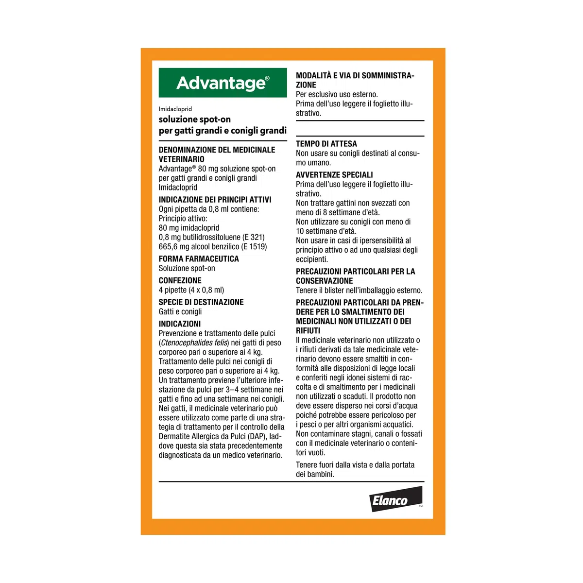 Advantage spot-on trattamento antipulci per gatti grandi e conigli grandi, 4 pipette.