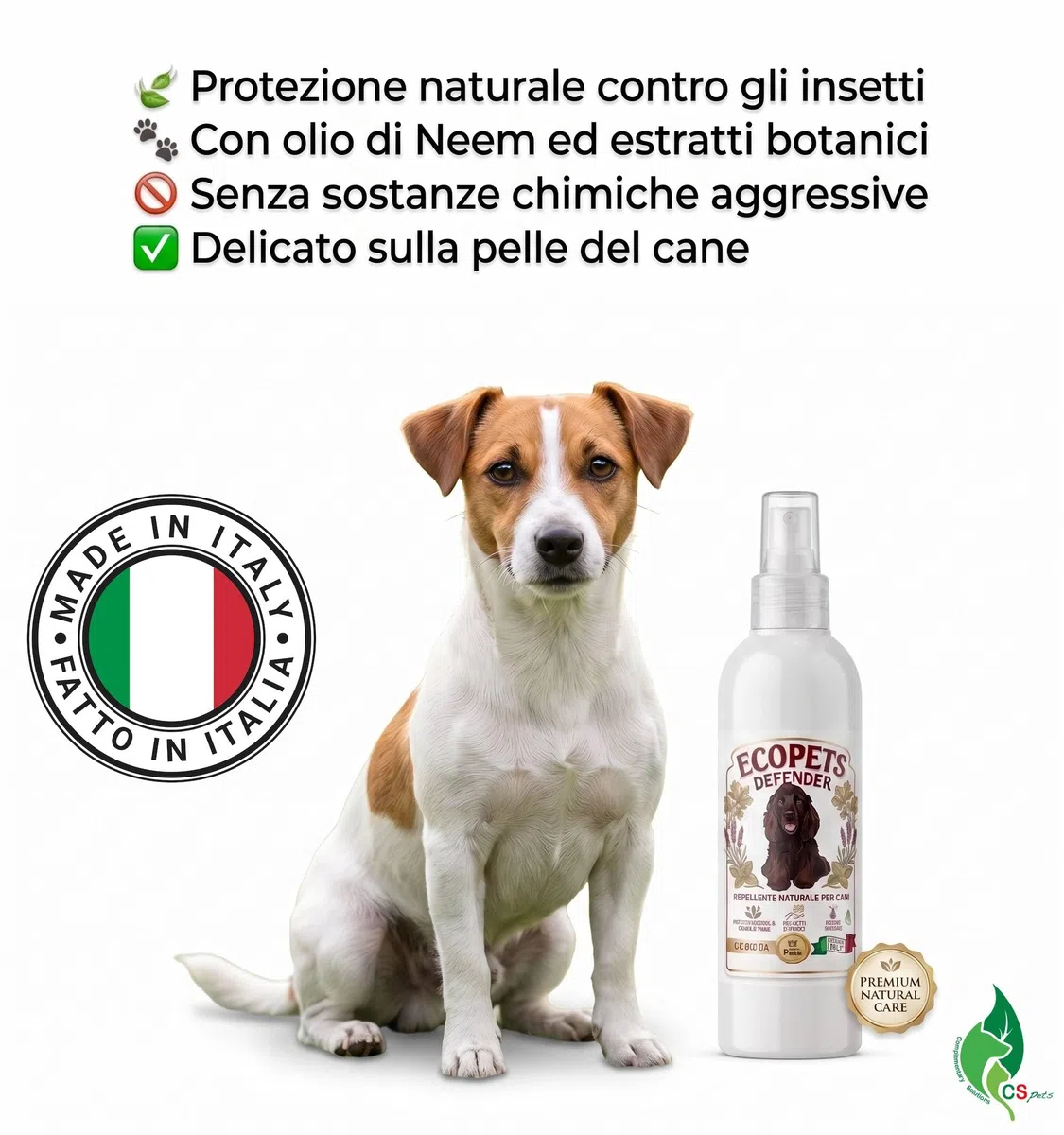 Ecopets Repellente Antiparassitario Naturale per Cani con Olio di Neem Protezione contro Pulci, Zecche Zanzare e Mosche Delicato per Uso Quotidiano con Oli Essenziali e Estratti Botanici