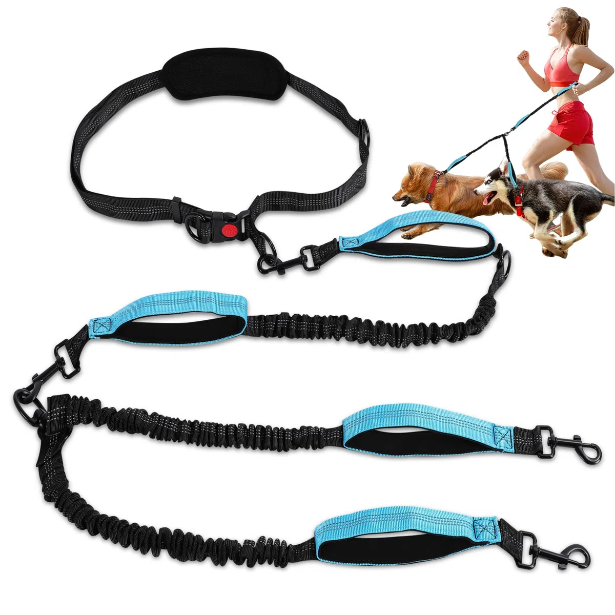 Guinzaglio per 2 cani, vivavoce, da jogging, per cani con cintura addominale, cintura elastica addominale, guinzaglio per cani, con doppio manico, per animali domestici di grandi e medie dimensioni
