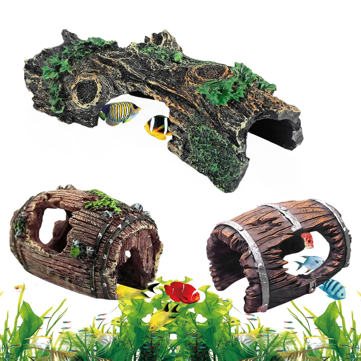 3 pezzi Tronco decorativo per acquario, Tronco decorativo per acquario nascosto, Set di decorazioni per acquario per gamberetti, pesci combattenti e altri piccoli e medi animali acquatici