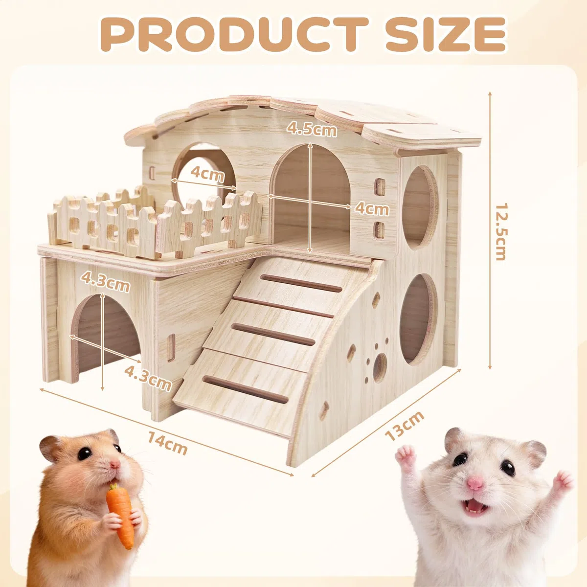 Casetta per Criceti,casetta criceto legno,Casetta in Legno per Criceti a 2 Piani, Rifugio Smontabile per Piccoli Animali Criceti Nano, Gerbil, Porcellini d'India (14 x 13 x 12,5 cm)