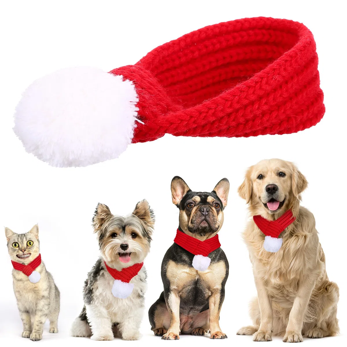 Naler Sciarpa Natalizia per Animali Domestici Sciarpa Rossa a Maglia per Animali Domestici con Pom Pom Bianco, Regalo Natale per Cani e Gatti Feste E Cosplay 60 * 8.5 cm, L