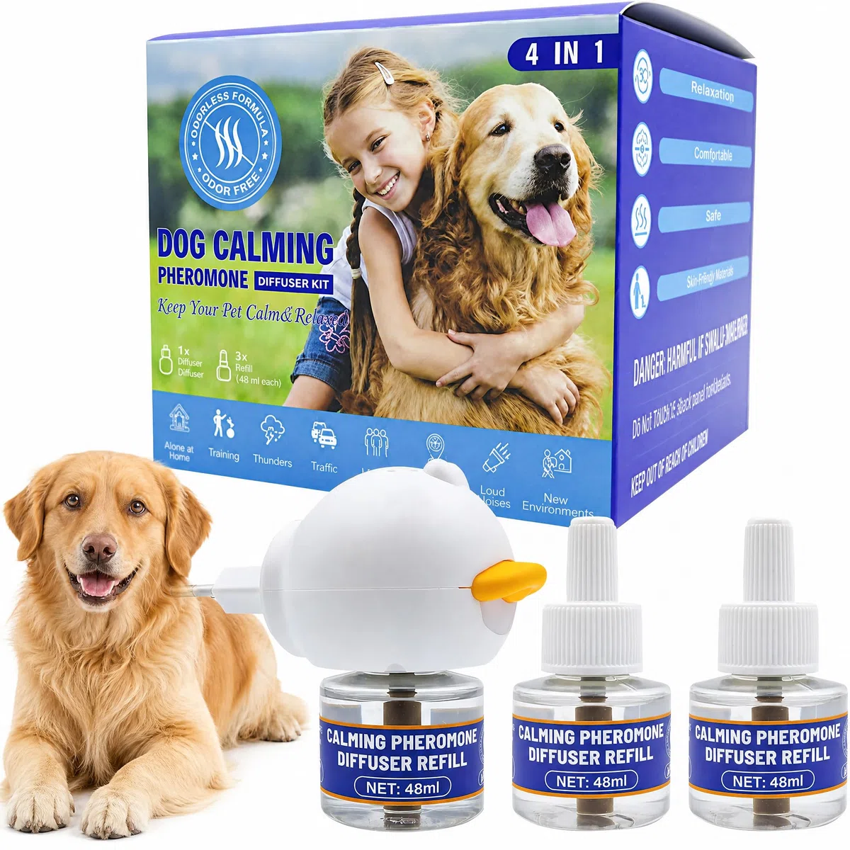 Feromoni per Cani Calmante Tranquillit Kit, Diffusore Calmante per Cani, 1 Calmante per Cani Diffusore + 3 Ricarica 48 ml, Relaxigen Pet Cane, Calmanti Cane Calm Antistress Irrequieti Stres