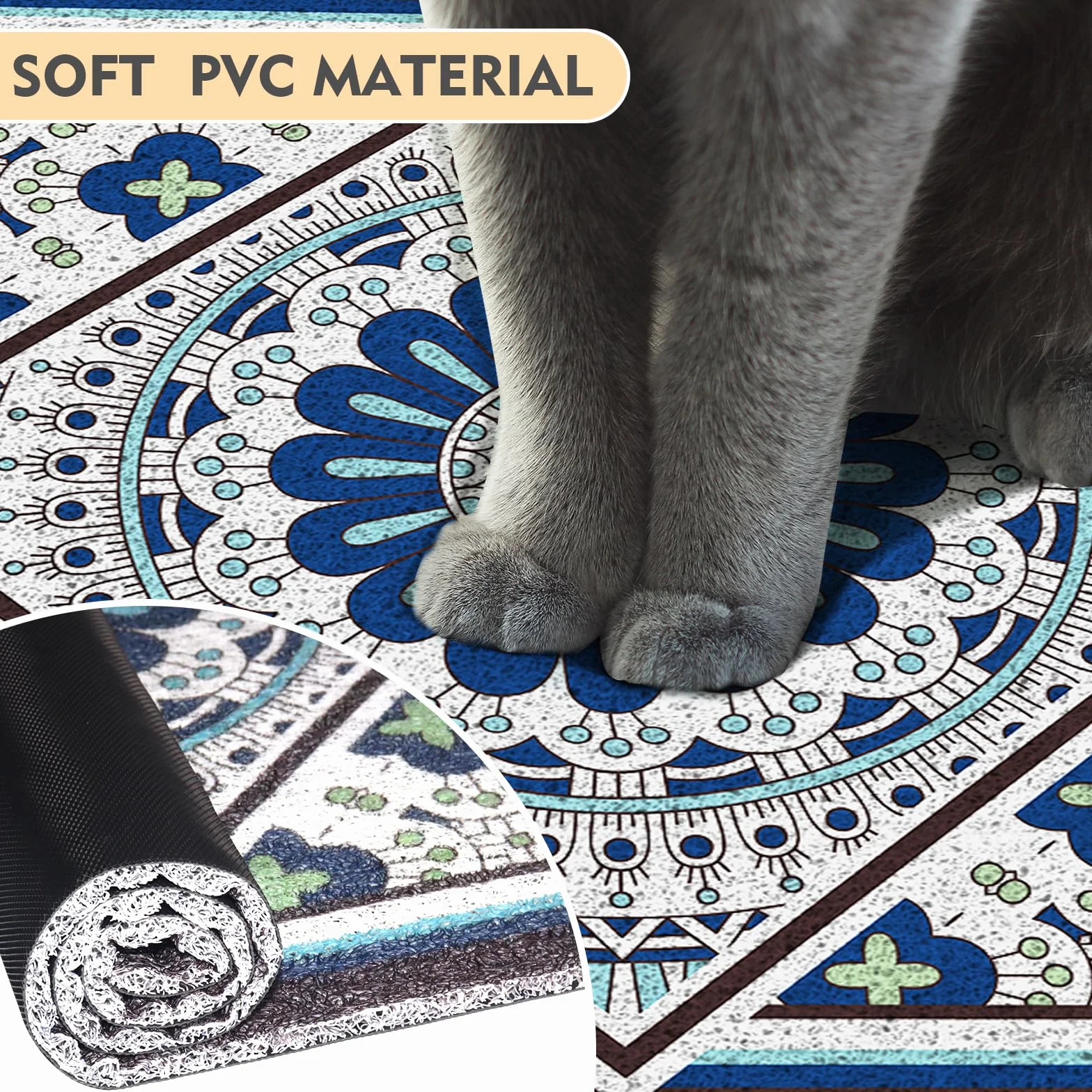 Tappetino per lettiera Bohemian Kitty 60 x 43 cm, tappetino per lettiera antiscivolo e lavabile, tappetino per cibo per gatti facile da pulire per controllare gli schizzi, protezione per il pavimento