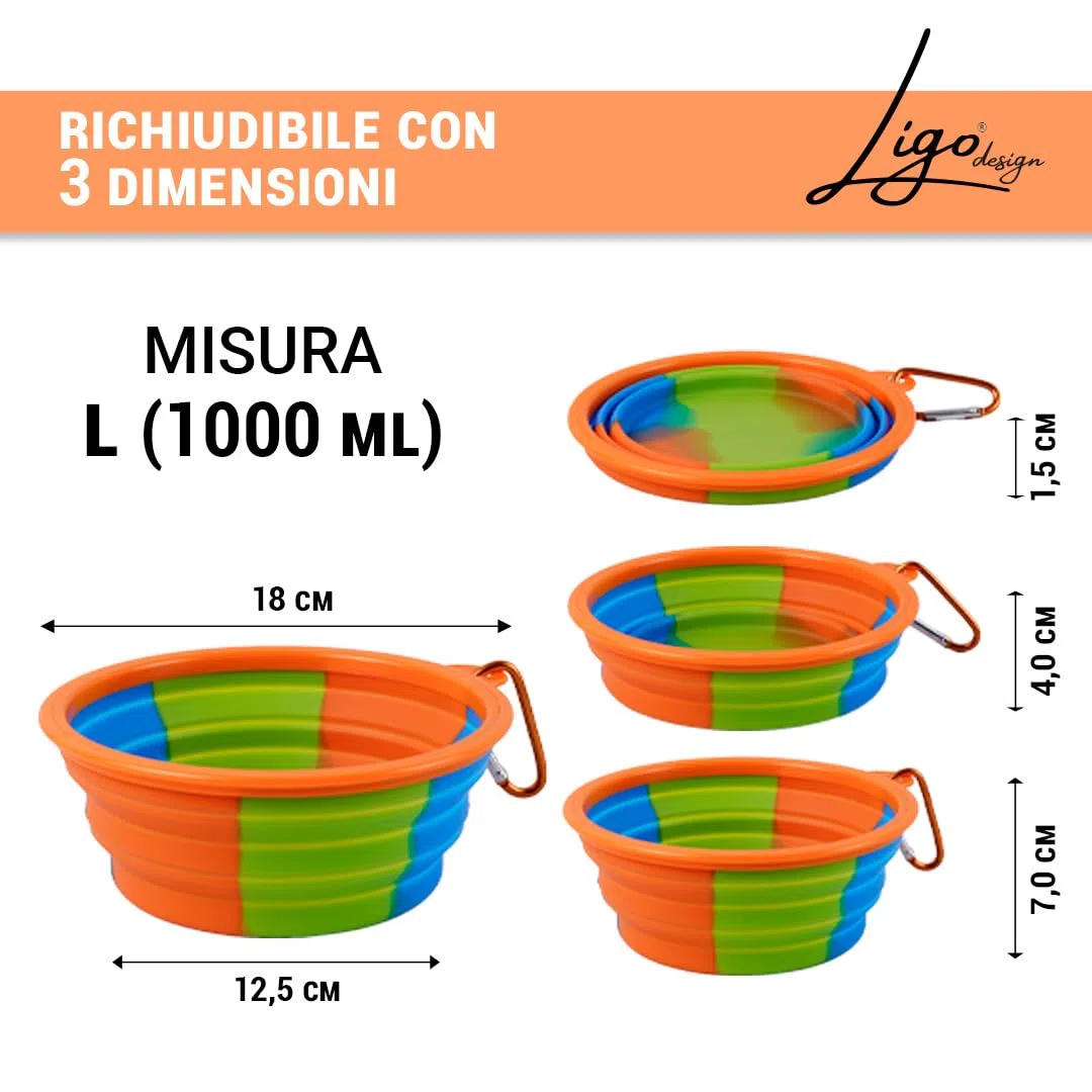 Ligo - Ciotola per Cani Pieghevole da Viaggio, Portatile, Regolabile, Rosso, 650 ml