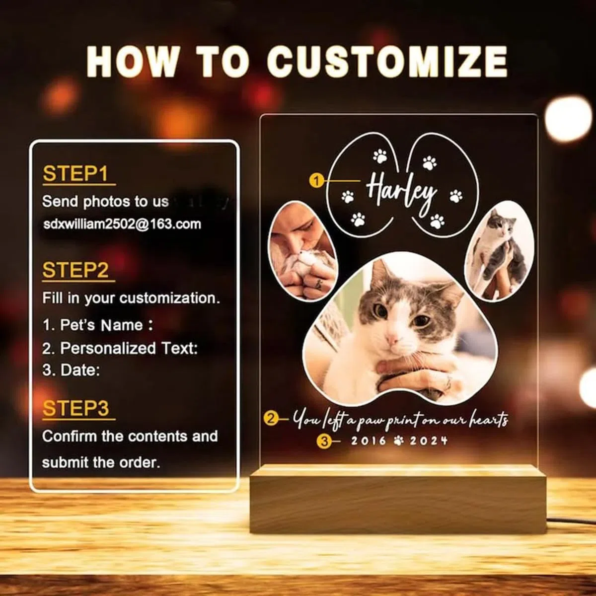 Luce notturna commemorativa per animali domestici, cornice a LED personalizzata con nome, data, supporto in legno acrilico per perdita di cani, gatti, decorazione per la casa (design B)