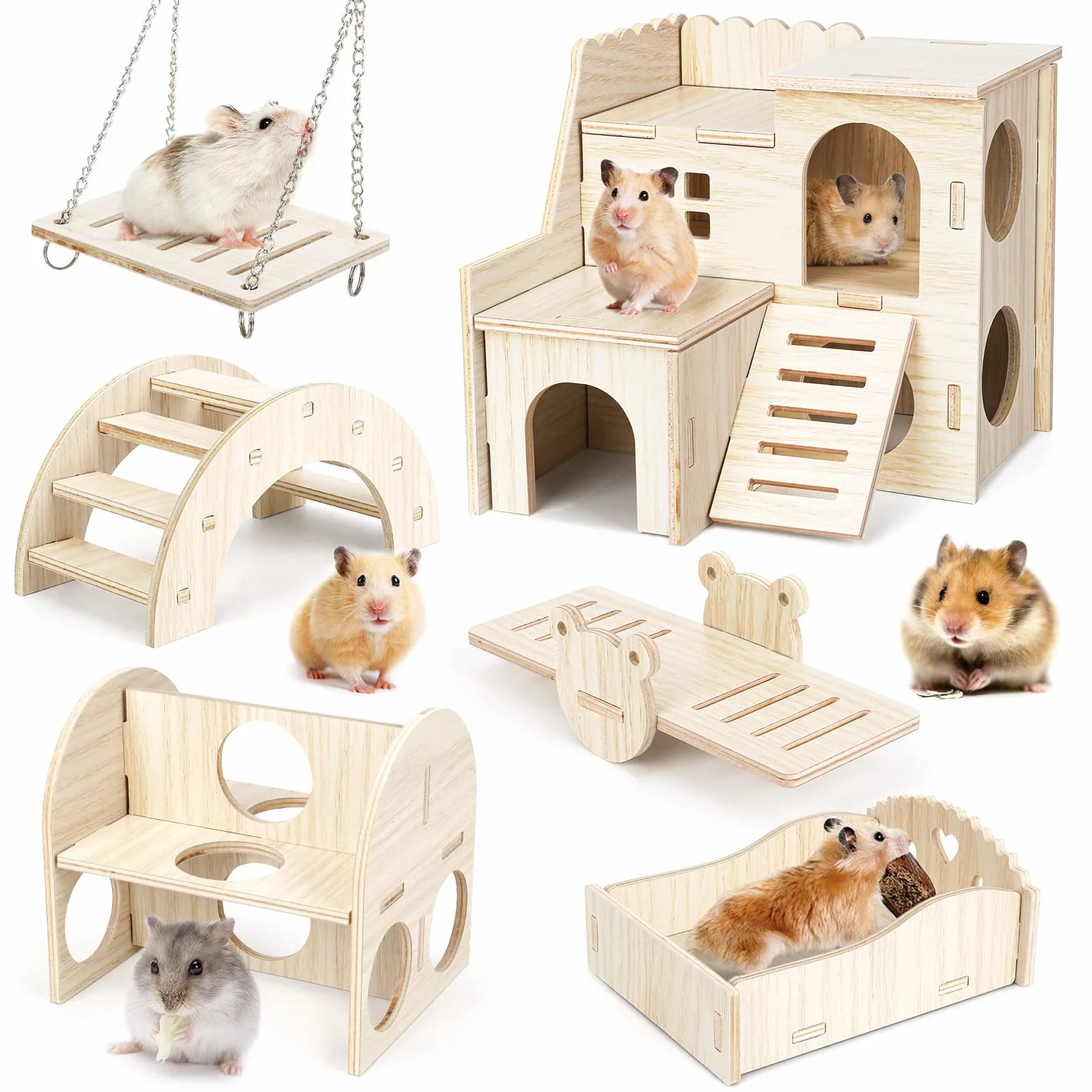 6 pezzi giocattoli per criceti fai da te in legno, nascondiglio per casa, giocattoli da masticare, accessori, porcellini d'India, cincillà, gerbilli, criceti nani
