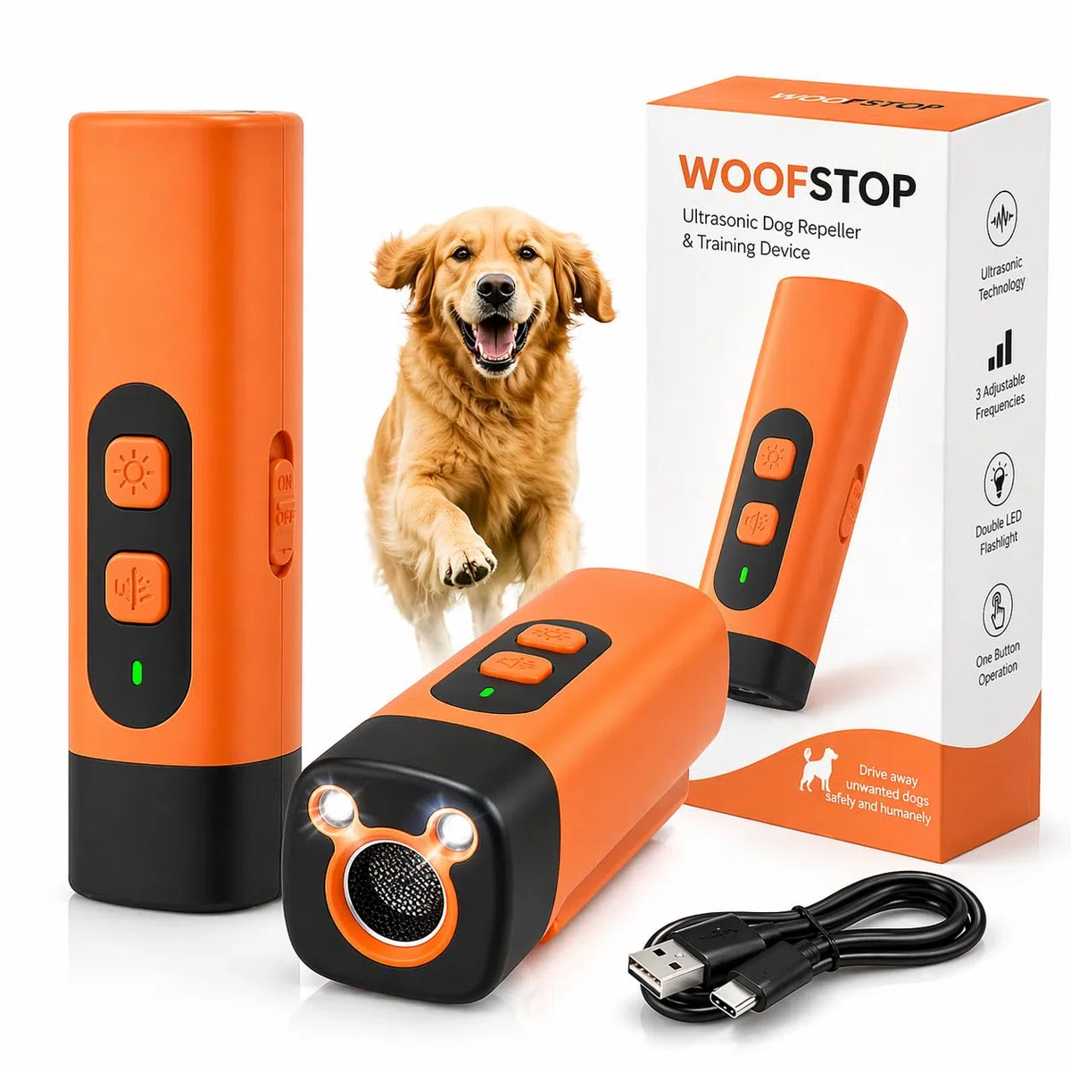 WOOFSTOP Dispositivo ad Ultrasuoni per Addestramento Cani e Gatti, Nero-Arancione, Plastica ABS, 110x30mm, Raggio 10 Metri