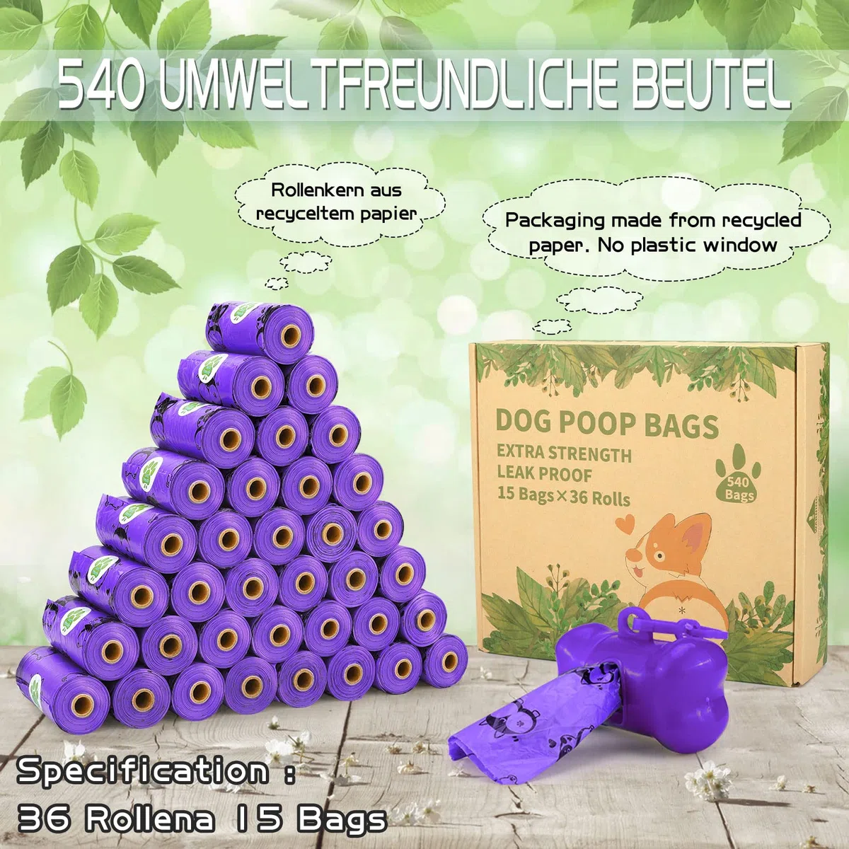 Amzeeniu Borsa raccogli Crotte, 540 sacchetti per espulsione cane, 36 rotoli per rifiuti cani, spessi e resistenti, facili da demolire sacchetti impermeabili