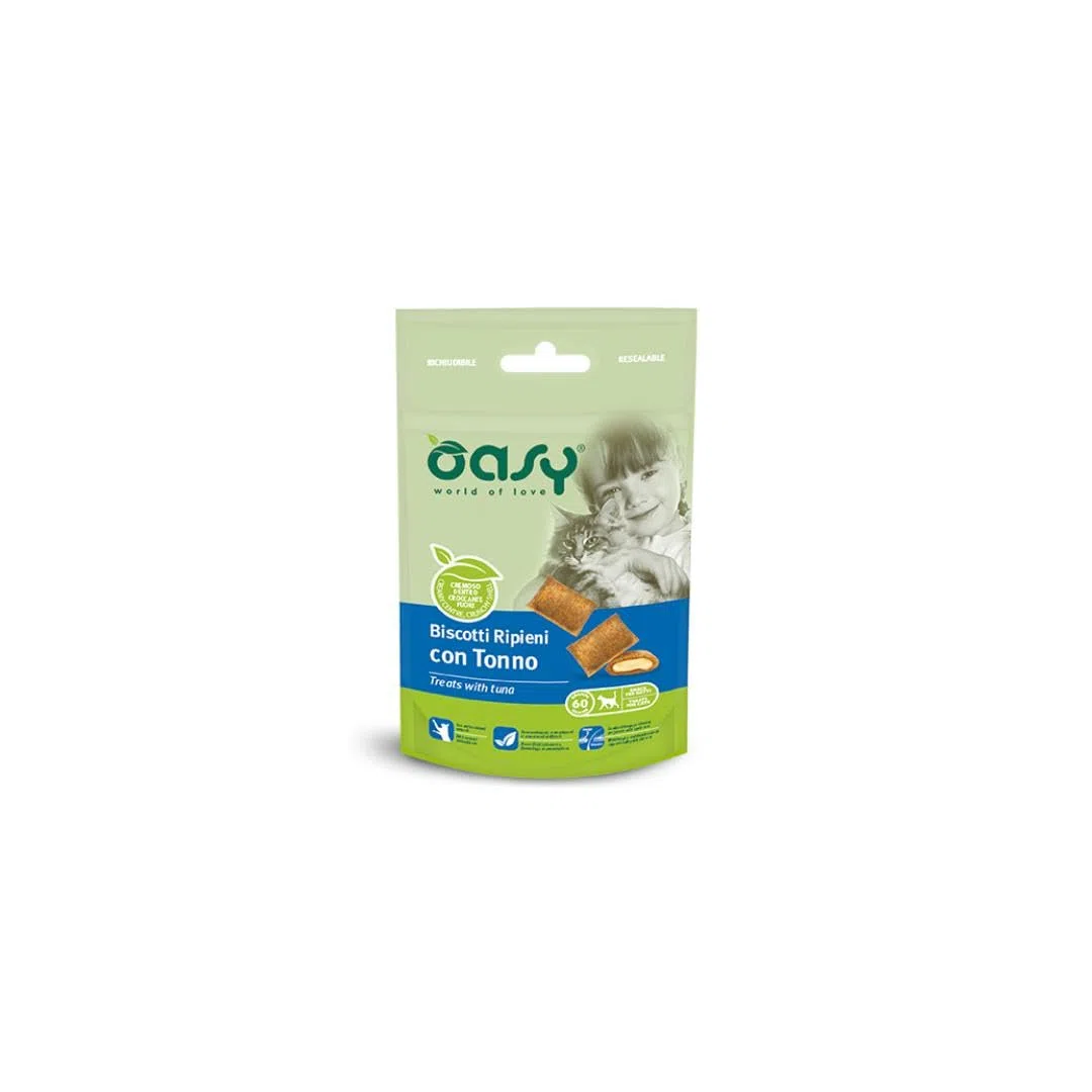 Oasy Snack Gatto, oasy biscotti ripieni di mousse per gatti adulti di tutte le taglie gusto Tonno | 3 confezioni da 60 grammi l’una.