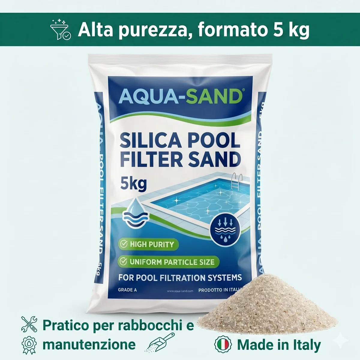 LEMAG Sabbia Silicea per Filtro Piscina 5 kg — Sabbia Filtrante Alta Purezza per Pompe a Sabbia | Granulometria 0,3-1,3 mm | Acqua Cristallina