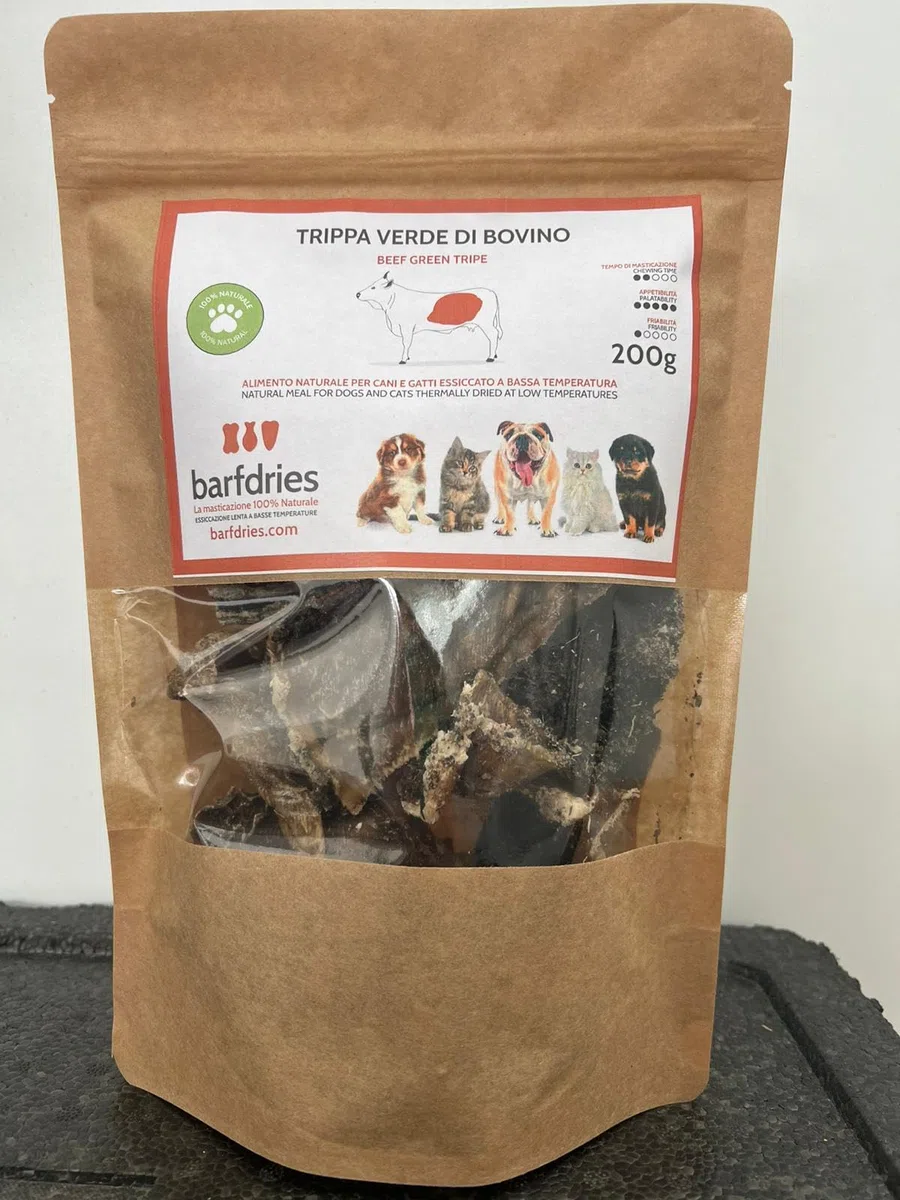 Trippa Verde di Bovino, alimento naturale per Cani e Gatti essicato a bassa temperatura. Confezione da 200 gr