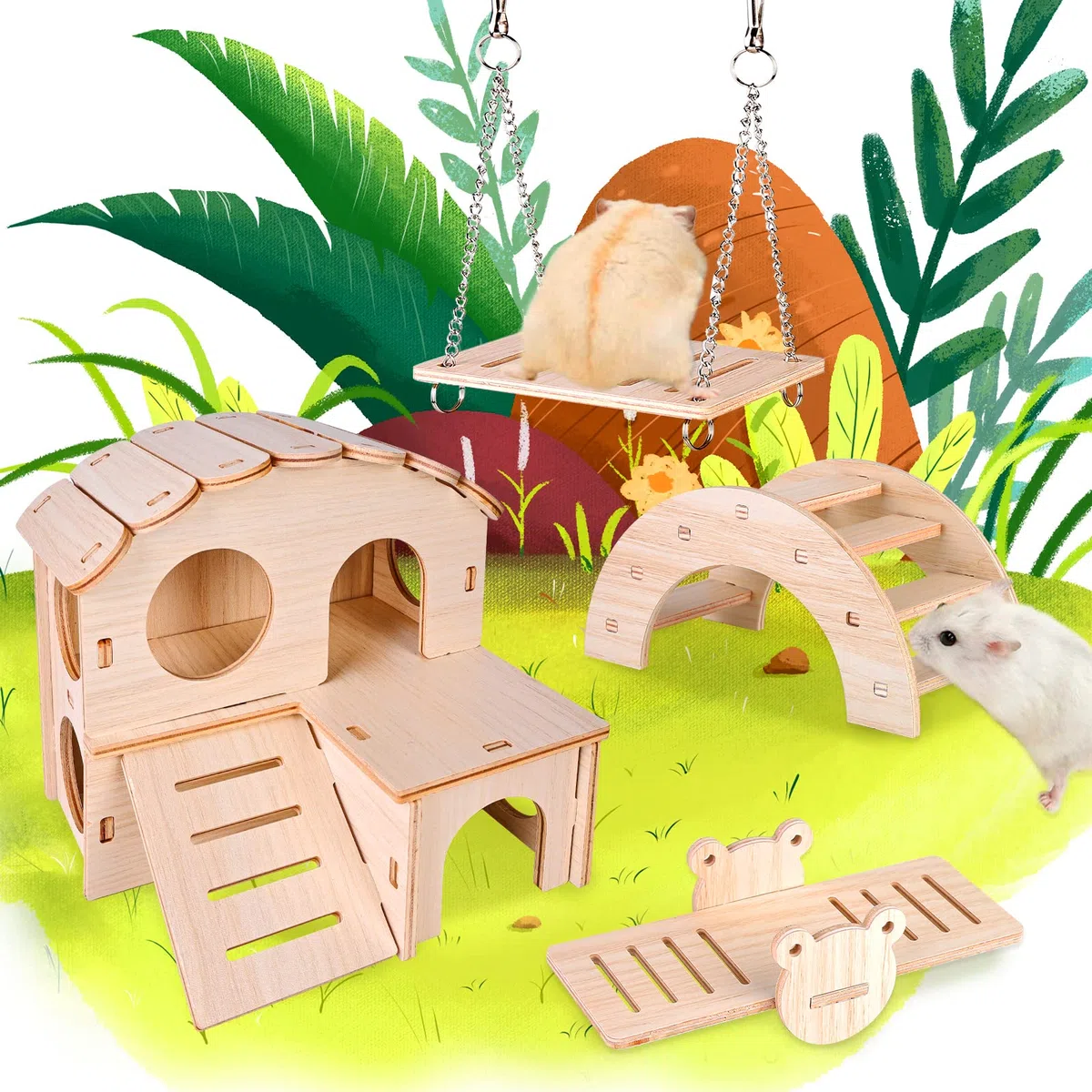 Giocattoli Per Criceti in Legno, 4 Pezzi Giocattoli Da Masticare Per Criceti, Accessori Criceto in Legno Per Criceti, Coniglietti, Gerbilli, Porcellini D'india, Cincillà, Gabbia Per Criceti Fai-da-te