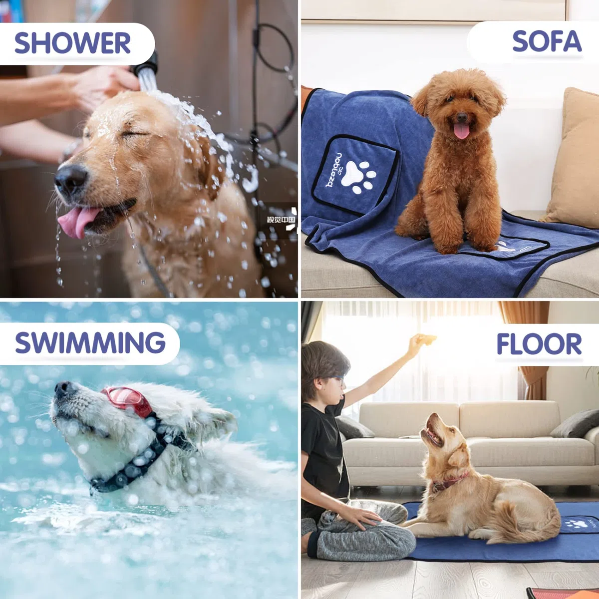 Nobleza Asciugamano da Bagno per Cani e Gatti in Microfibra Ultra Assorbente, Asciugatura Rapida, Morbido e Lavabile per Tutte Le Taglie, 106 x 66 cm, Blu