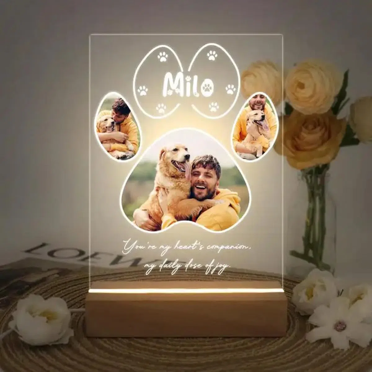 Luce notturna commemorativa per animali domestici, cornice a LED personalizzata con nome, data, supporto in legno acrilico per perdita di cani, gatti, decorazione per la casa (design B)