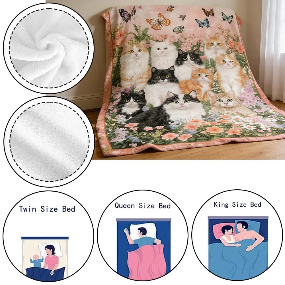 Coperta Per Gatti 150x100 Cm - Morbida Flanella Con Design Fiori e Farfalle Stile Pittura a Olio - Coperta Per Divano, Letto - Regalo Per Amanti Dei Gatti
