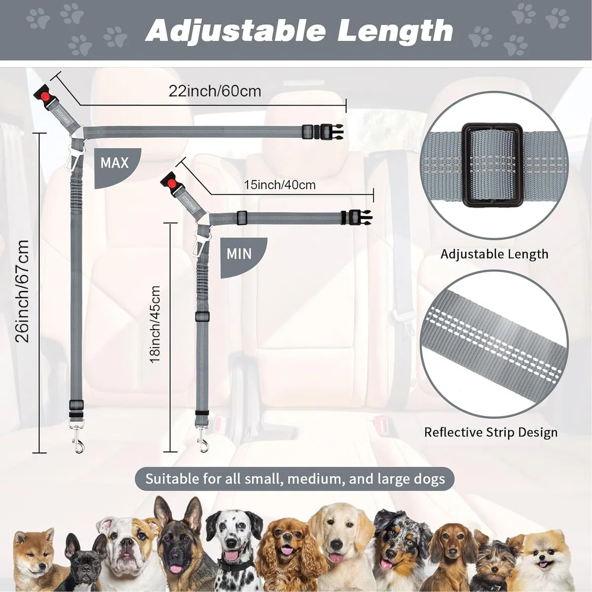 2 Pezzi Regolabile Cintura Sicurezza Cani Auto,Cintura Sicurezza dog per Poggiatesta,Cintura per dog in nylon elastico,per Tutte Cani per Auto Viaggio Sicurezza（grigio）