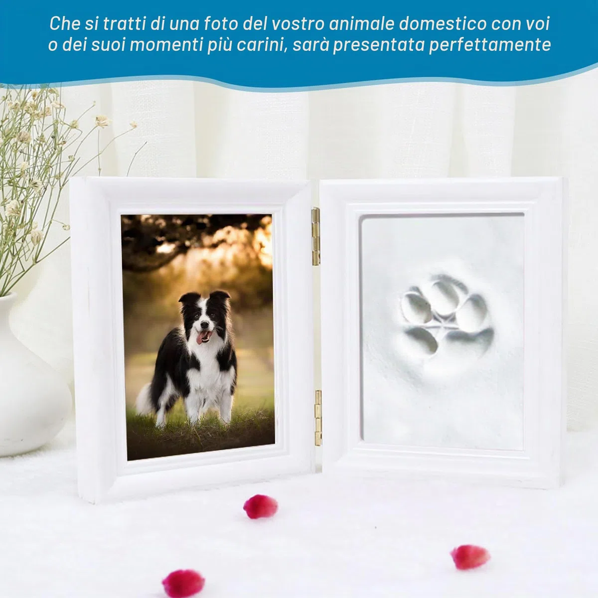 Sporgo Set di impronte di zampe per cani e gatto: cornice 3D con foto e impronte di zampa, set con supporto, cornice in legno per cani o proprietari di gatti