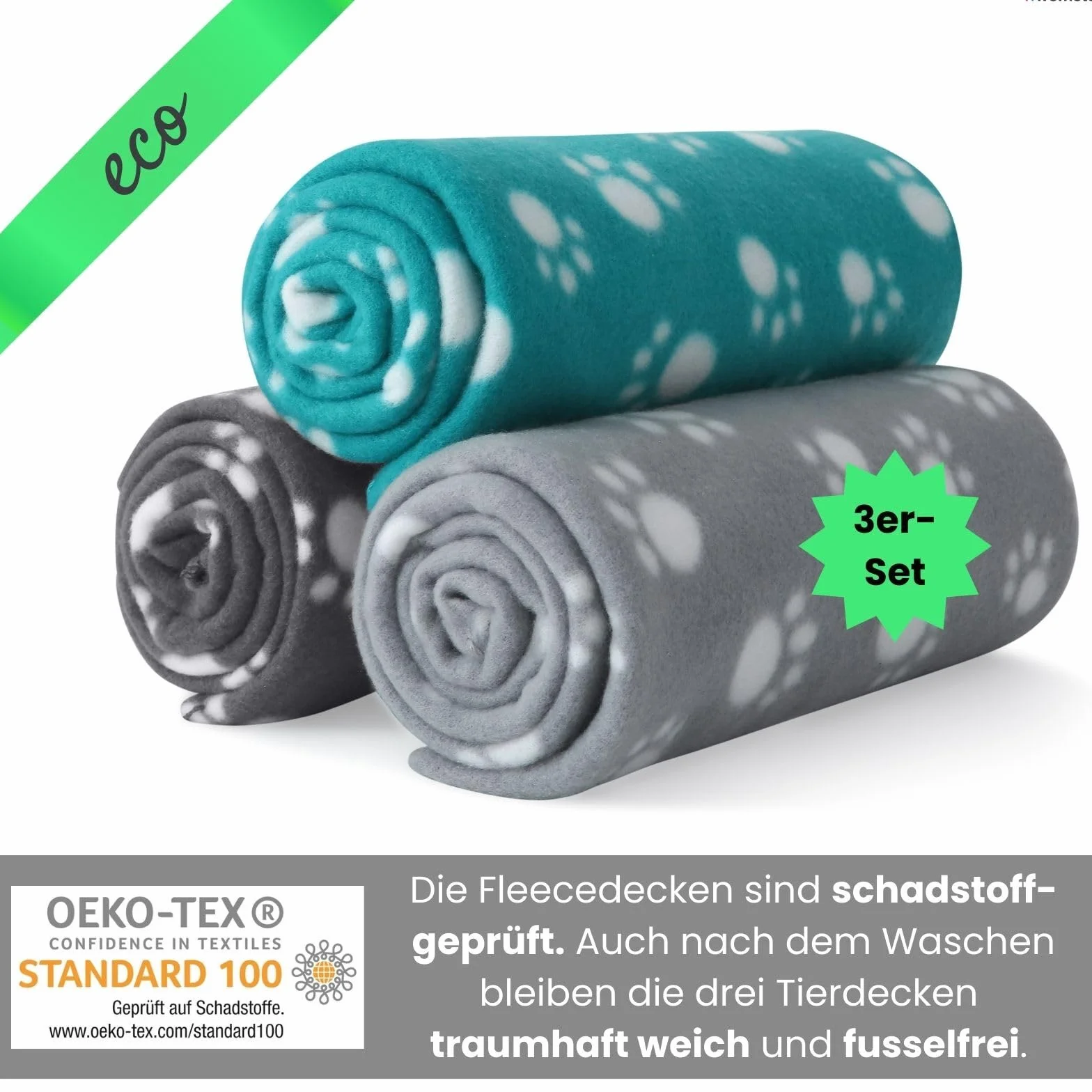 wometo Eco - Set di 3 coperte per cani, in materiale riciclato al 100% + certificazione Oeko-TEX, 3 pezzi, 70 x 100 cm, grigio scuro e turchese