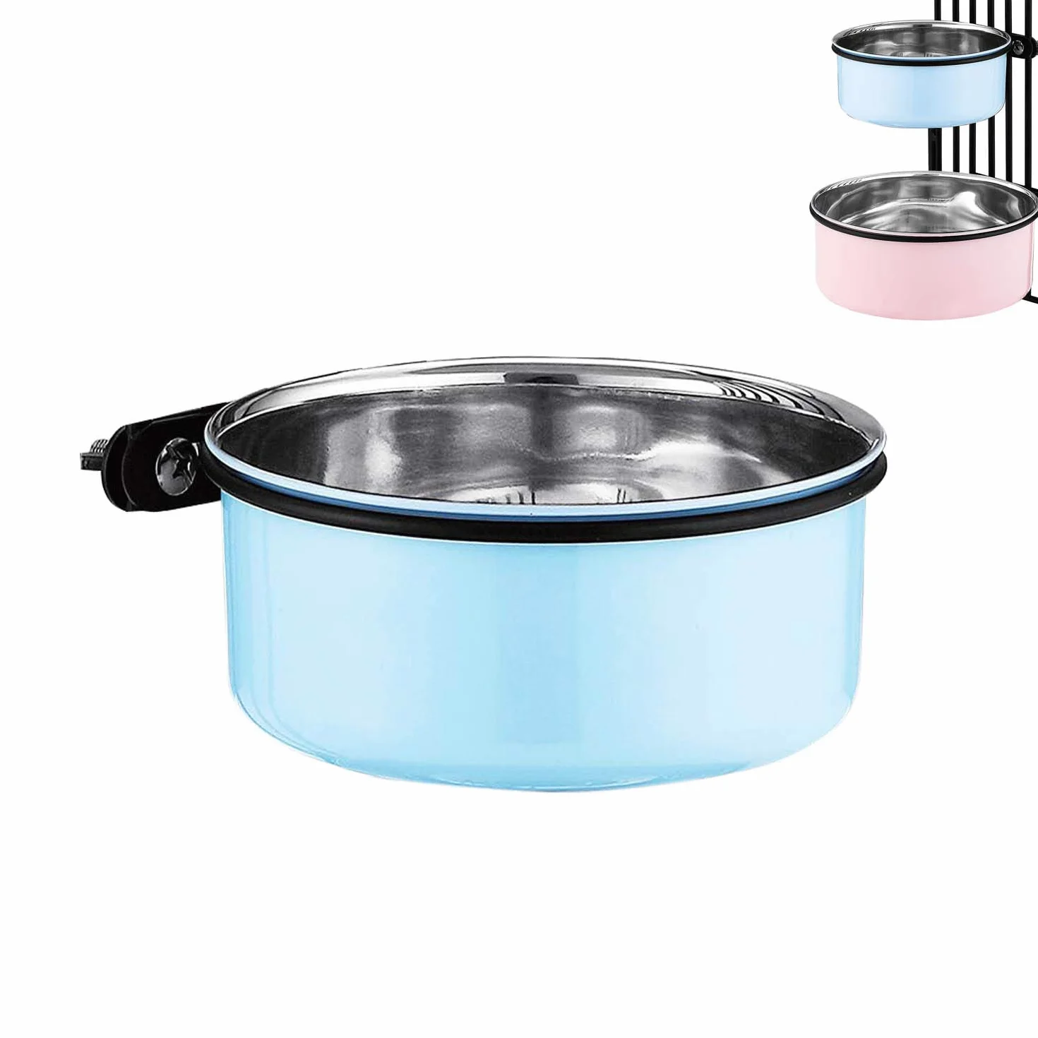 Ciotola d'acqua per gabbie e gabbie per cani, 2 in 1, ciotola da appendere per animali domestici, in acciaio inox, ciotola per cani di medie dimensioni (blu, 1,7 l/1 pezzo)