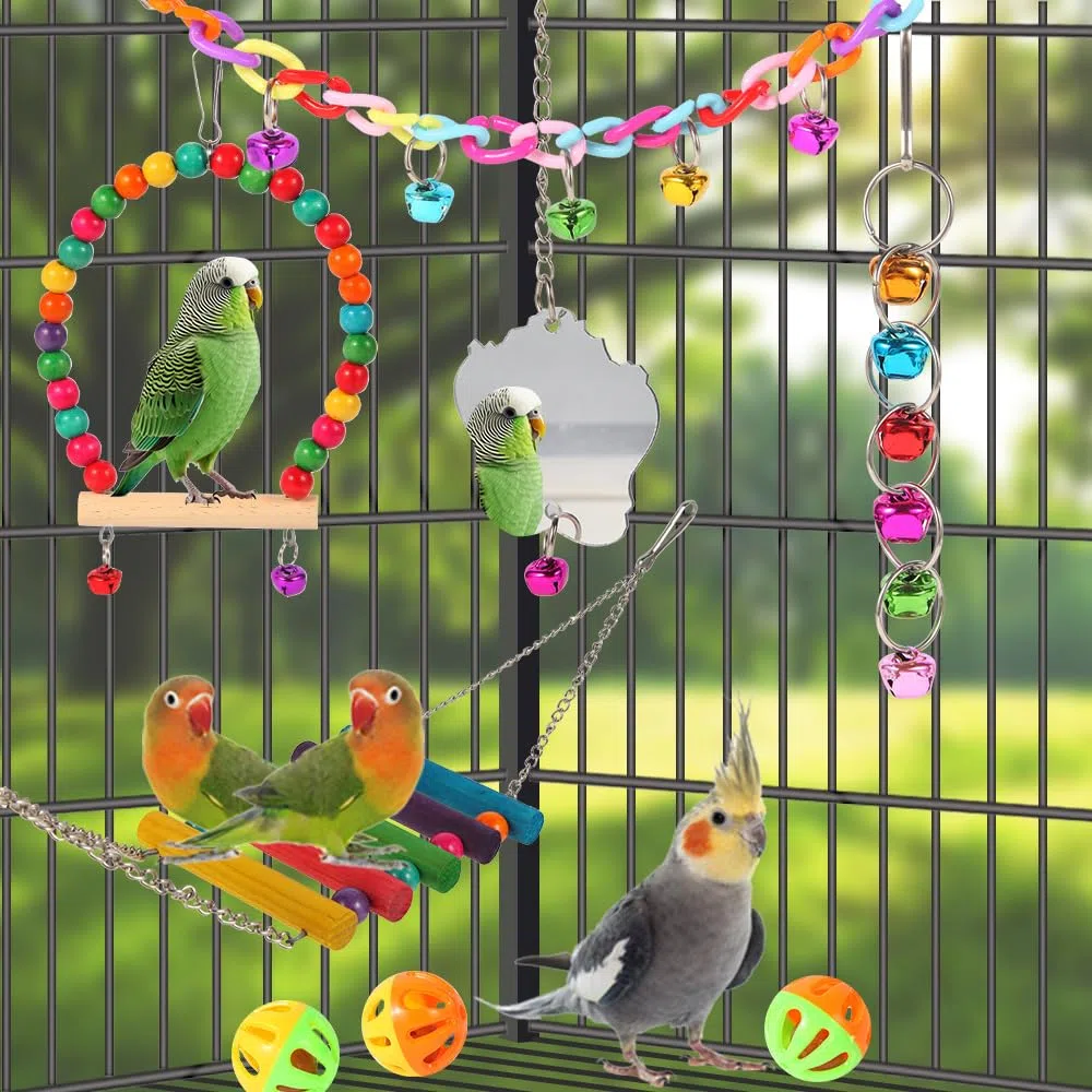 YIXUND Giocattoli per uccelli per parrocchetti, 9 pezzi, scaletta in legno per uccelli, ponte, pappagalli, giocattoli per pappagalli, accessori per gabbie per uccelli, altalena per conuro, cacatugia