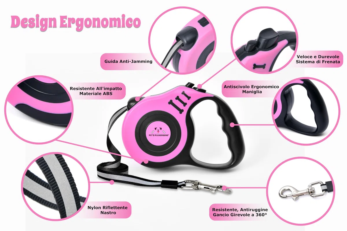 Pet's Playground | Guinzaglio Retrattile per Cani Illuminante e Riflettente | Resistente per Cuccioli e Piccola Taglia | Rosa | 5M