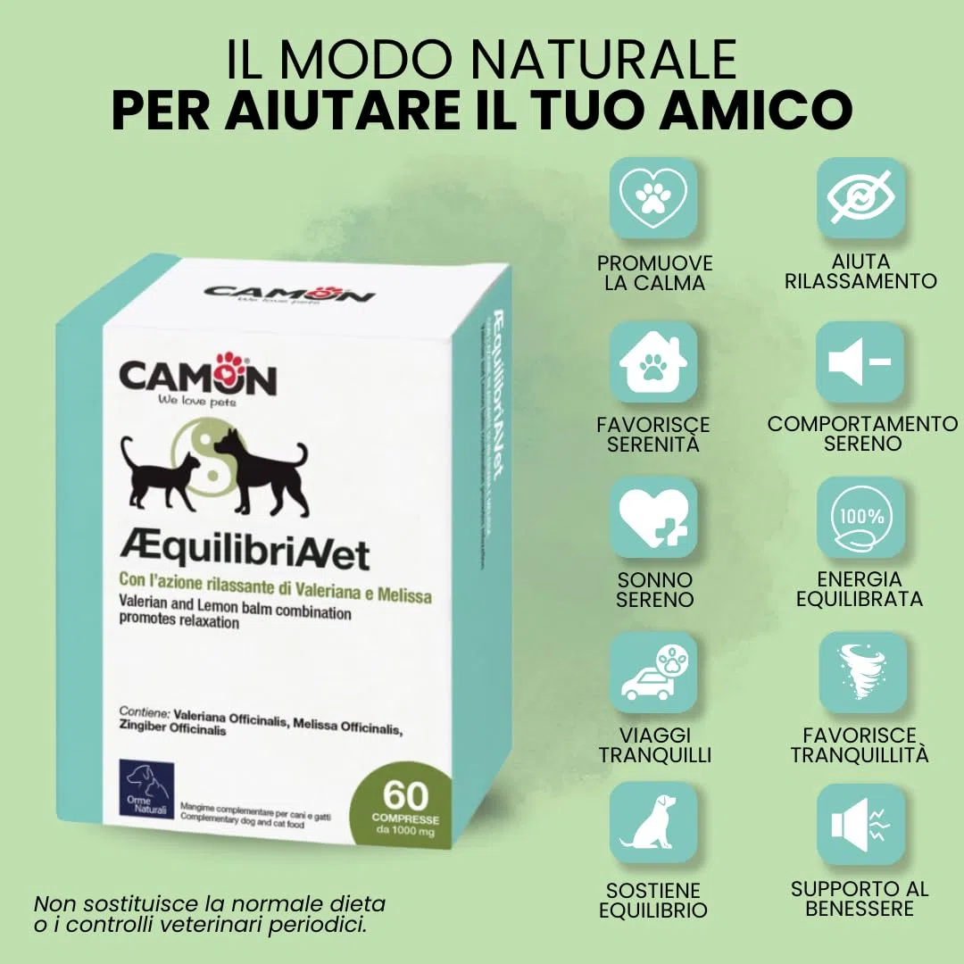 CAMON | AEquilibriAVet Alimento Complementare per Cani e Gatti con Melissa, Valeriana, Zenzero e Triptofano, Azione Calmante e Rilassante, 60 Compresse da 1gr