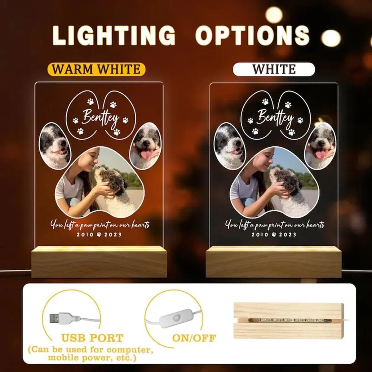 Luce notturna commemorativa per animali domestici, cornice a LED personalizzata con nome, data, supporto in legno acrilico per perdita di cani, gatti, decorazione per la casa (design B)
