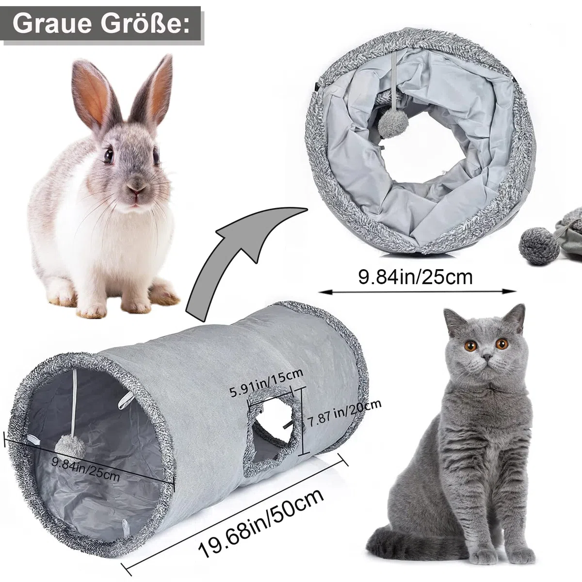 Tunnel per Gatti,Tunnel da Gioco per Gatto Pieghevole,Giocattoli con Palla e Gatto per Cani per Gatti,giocattolo Cuccioli, Conigli, Porcellini D'India, Uso Interno ed Esterno (Grigio)