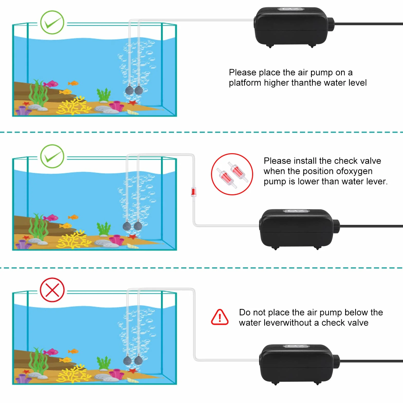 DIDUDE Ossigenatore per Acquario,20-40dB Areatore Acquario Ultra-Silenziosa,Acquari Potente a Doppia Uscita kit Pompa di Ossigeno con 2 Pietre a Bolle e 2 Valvole di Ritegno per Acquario da 10-300L