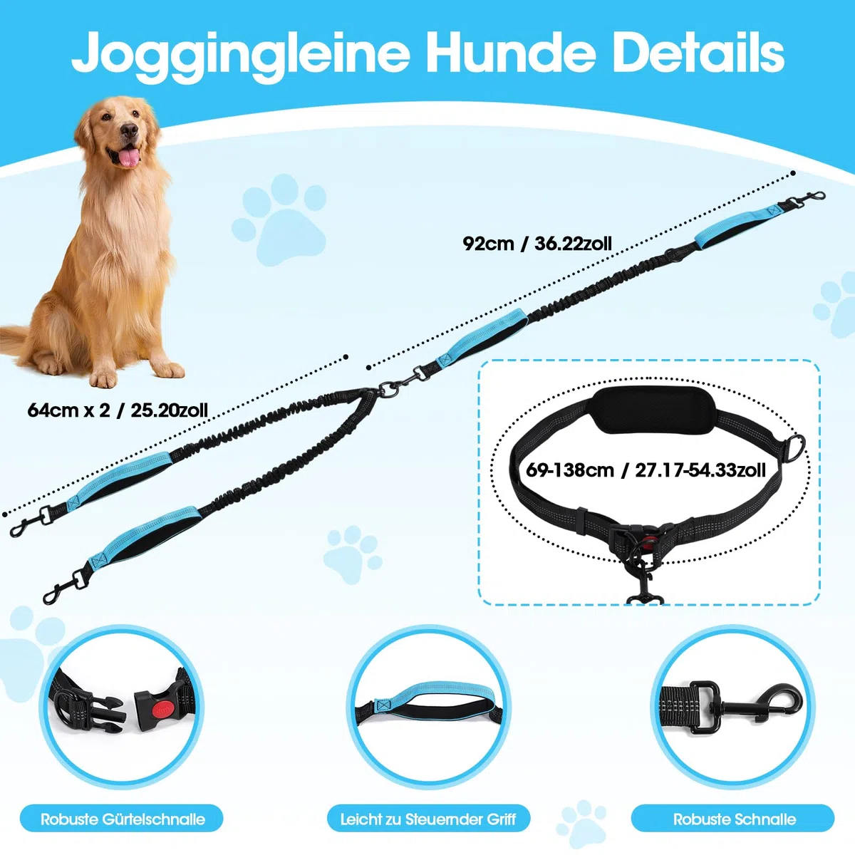 Guinzaglio per 2 cani, vivavoce, da jogging, per cani con cintura addominale, cintura elastica addominale, guinzaglio per cani, con doppio manico, per animali domestici di grandi e medie dimensioni