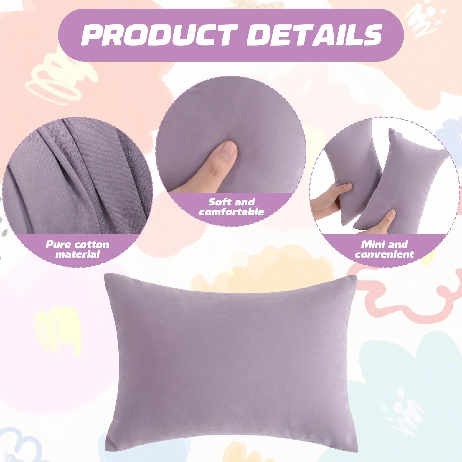 PLUSHCEWT Mini cuscini per dormire 28 x 17,8 cm, piccolo cuscino da viaggio in cotone per adulti bambini animali domestici cani collo polso lombare e ginocchio lavabile in lavatrice (viola)