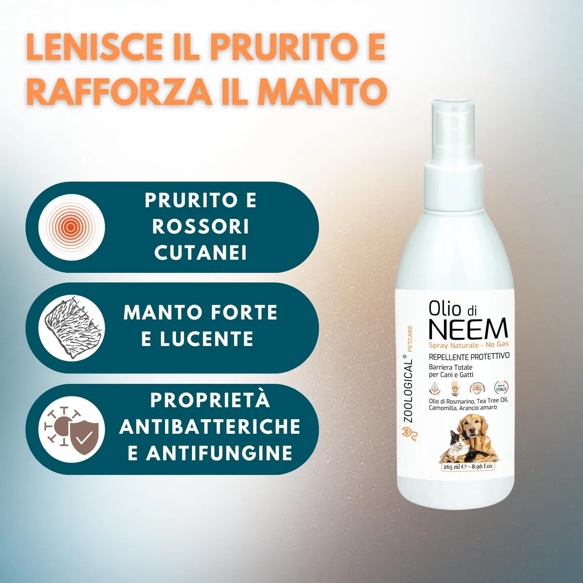 Olio di Neem per Cani e Gatti Spray 265ML - Protettivo Naturale, Antiparassitario, Repellente contro Parassiti, Zecche, Pulci, Zanzare e altri Insetti - Made in Italy