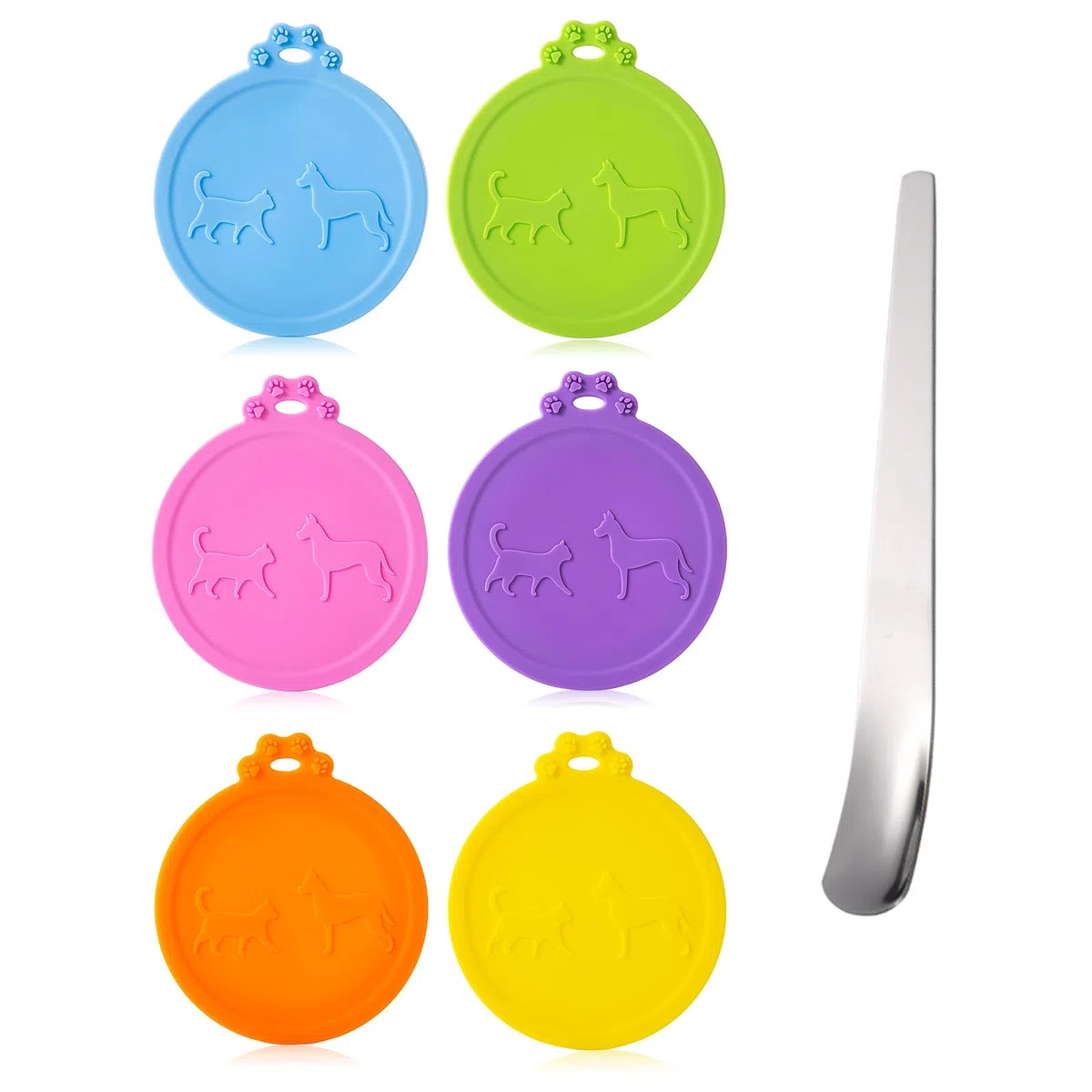 SLSON Coperchi Universali per Lattine di Cibo per Animali, Set di 6, con Cucchiaio in Acciaio Inox, Coperchi in Silicone per Animali Domestici