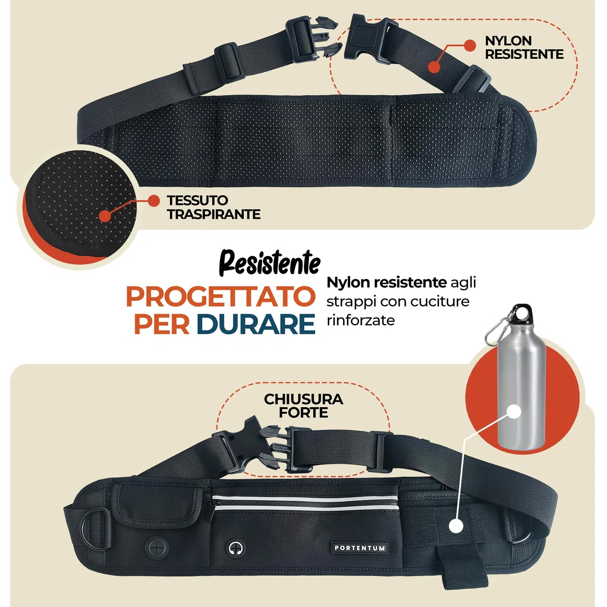 PORTENTUM Guinzaglio mani libere per cani con cintura regolabile 60–127 cm – Ideale per correre, camminare ed escursioni – Design antitrazione con tasche integrate e cuciture riflettenti – Nero