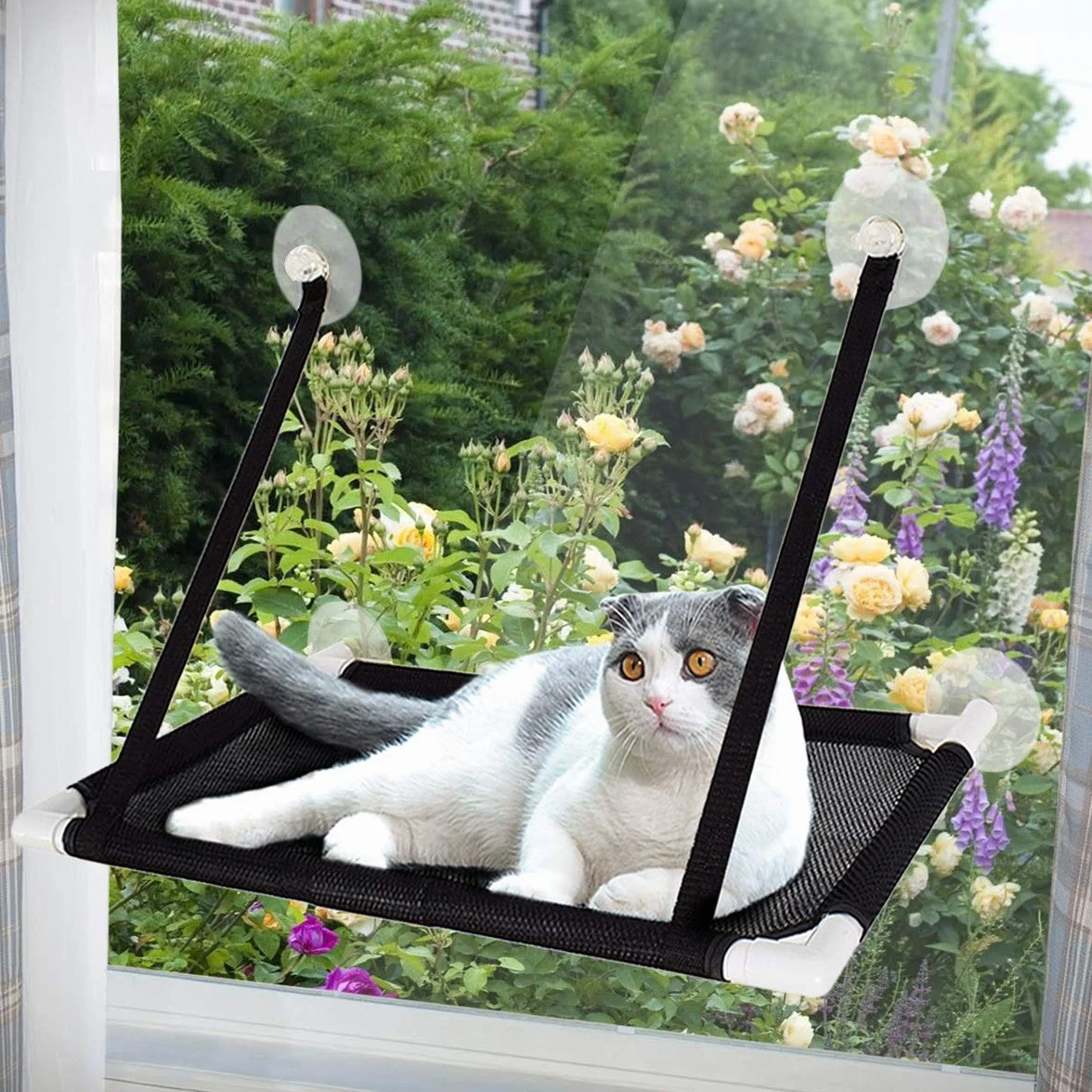 Ventosa Cat Hammock, Amaca da Finestra per Gatti, 4 Grandi Ventose, può Contenere Fino a 22lb, 60 * 35CM,Nero