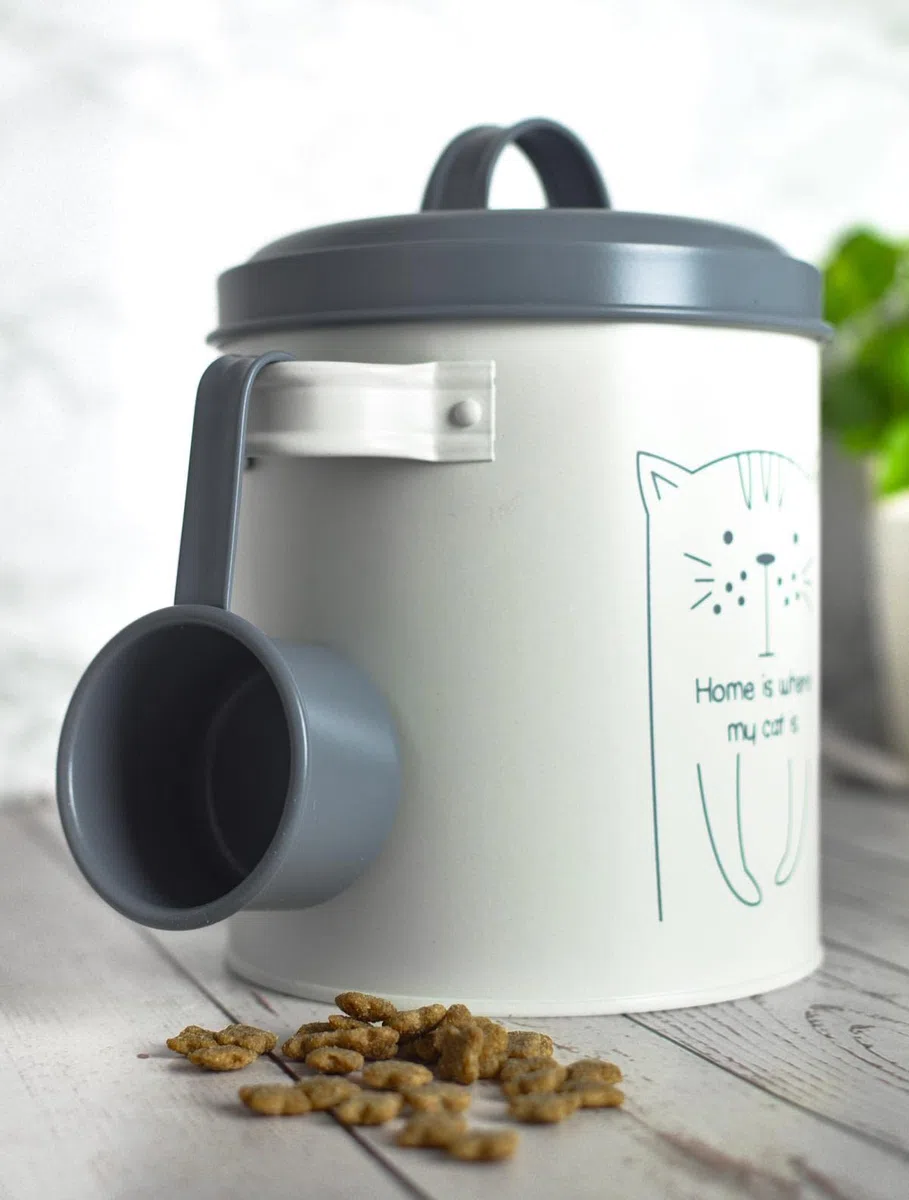 Sendez Contenitore per cibo secco con coperchio e cucchiaio, contenitore metallico per cibo per animali, contenitore per scorte, scatola per cibo per gatti, conservazione cibo per gatti