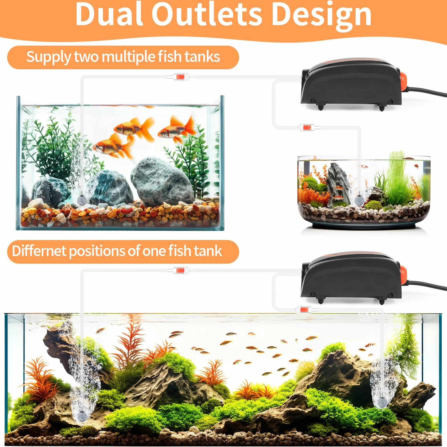 JAMATA Ossigenatore per Acquario, Potente Pompa d'Aria Per Acquario 4W, Aeratore Acquario Super Silenzioso con 2 Pietre a Bolle e 2 Valvole, Pompa Aria Acquario Areatore per Acquario da 10-200L