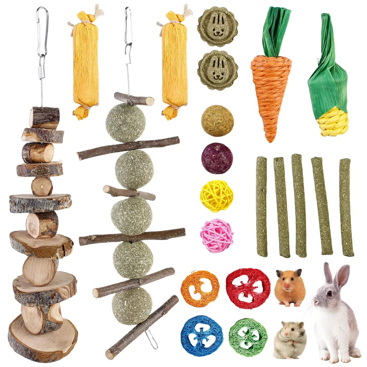 BAIFULAI 21 giocattoli da masticare per conigli, accessori con bastoncini di mela, bastoncini di fieno timothy, piccoli animali molari, cura dentale per criceti, porcellini d'India, pappagallo