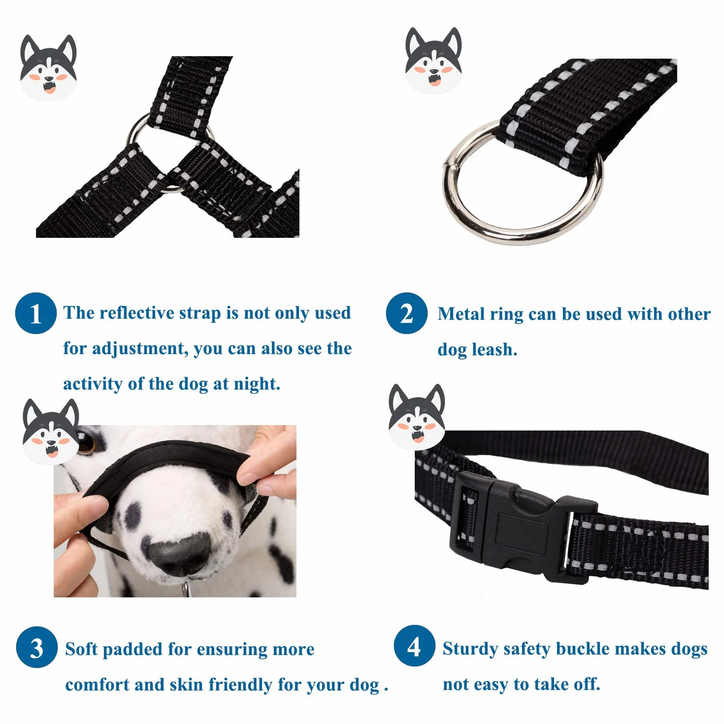 ILEPARK Collare per Testa di Cane con Cintura Riflettente, Cavezza da Testa per Cane, Regolabile E Facilmente Controllabile. (M,Nero)