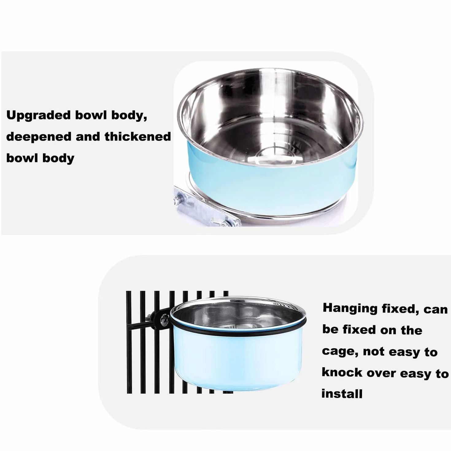 Ciotola d'acqua per gabbie e gabbie per cani, 2 in 1, ciotola da appendere per animali domestici, in acciaio inox, ciotola per cani di medie dimensioni (blu, 1,7 l/1 pezzo)