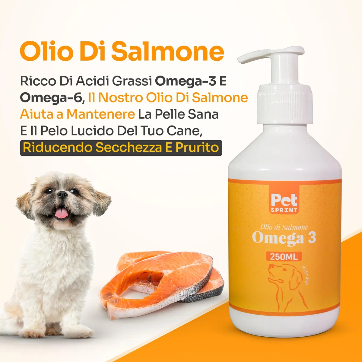 Olio di Salmone per Cani Premium, 250ml, Marca Italiana, 100% Naturale - Puro Olio di Pesce Fonte di Omega 3 6 9 per Pelo, Sistema Immunitario, Prurito, Articolazioni, Cervello