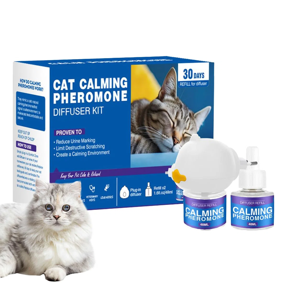Generico Feromoni Gatto Calmante, Diffusore di rilassamento, La Plug di 60 Giorni in Calmante Alleviare Lo Stress Riempimento per Ridurre i di Combattimento Si, per Adattarsi a Tutti i Gatti
