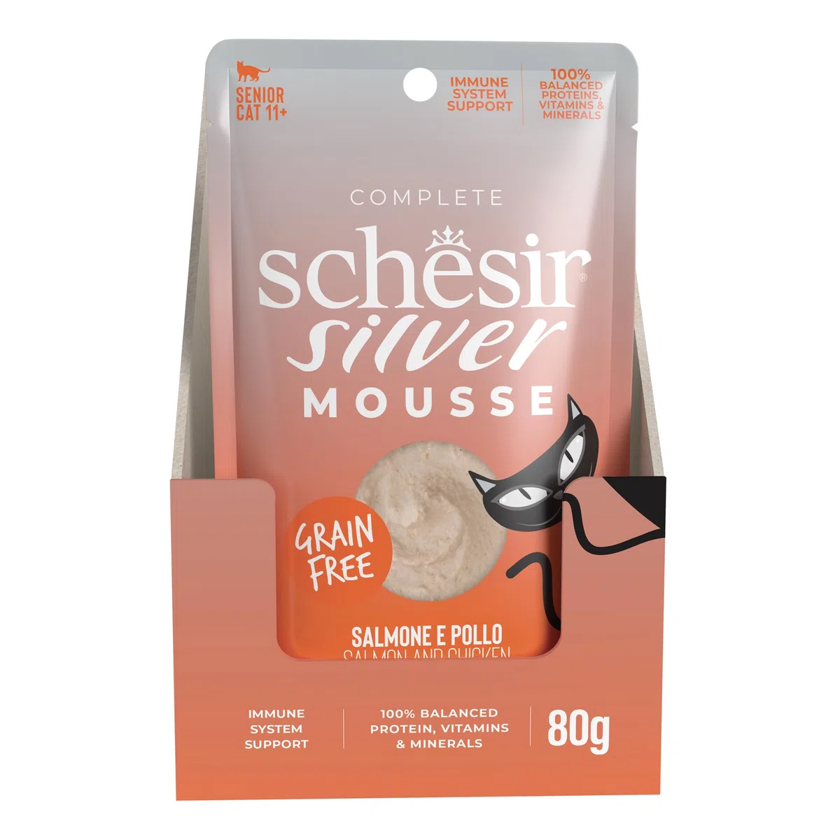 Schesir Silver, Salmone in Mousse, Alimento Umido Completo per Gatti Anziani, Grain Free, Supporta il Sistema Immunitario, Ricco di Idratazione, 12 x 80 g