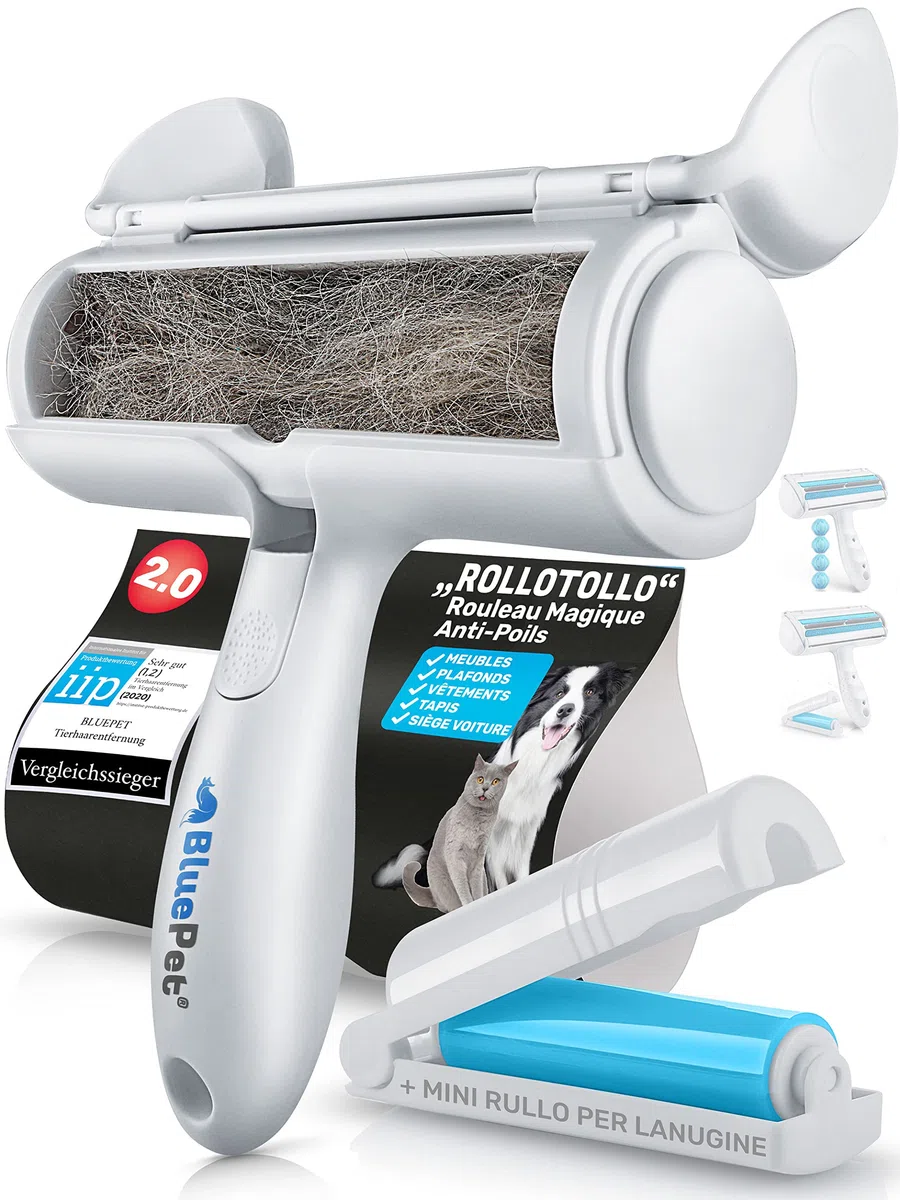 BluePet Rulli per rimozione peli - Togli Peli Animali - Spazzola Ecologica per Peli di Cani, Gatti e Pelucchi - Per Divani, Tappeti, Cucce per Cani (Bianco + rotolo adesivo)
