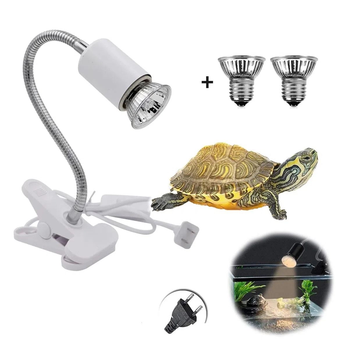NEWFUN Lampada riscaldante tartaruga, lampada riscaldante terrario a pinza, lampada rettili e anfibi, con 2 lampadine da Basking Spot UVA UVB 50 W e pinza girevole a 360 gradi, adatta per tartaruga