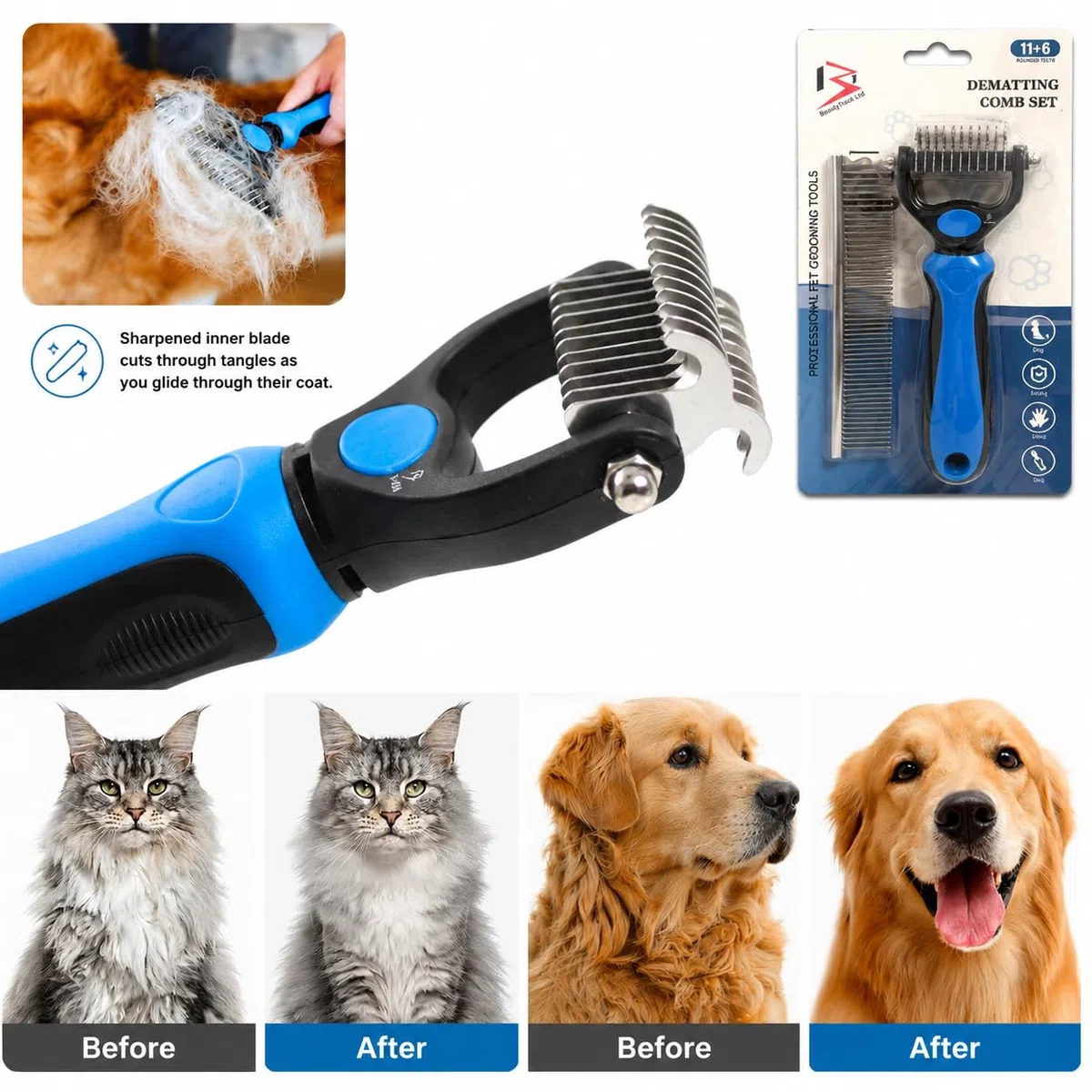 BeautyTrack Pettine sminuzzante per cani e gatti, rastrello e spazzole per cani di piccola e media taglia 11+6, lama a doppia faccia, rimuove nodi, sottopelo, tappetino per peli aggrovigliati (blu, M)