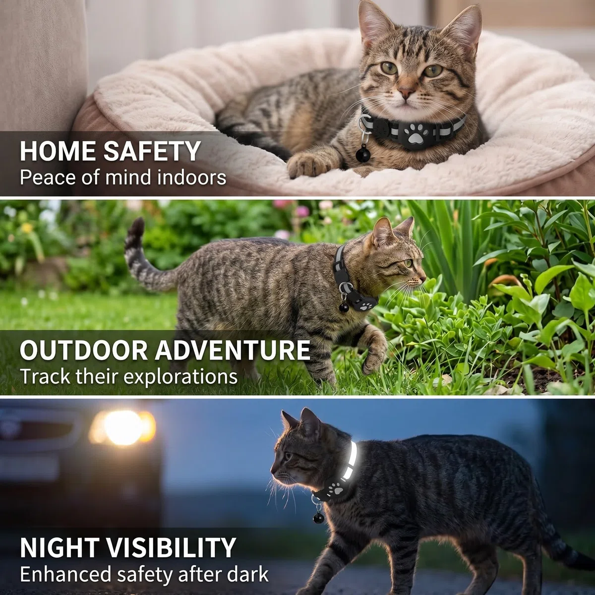 Collare GPS per gatti, impermeabile e resistente, dotato di strisce riflettenti notturne, per localizzare facilmente il vostro animale domestico (nero)